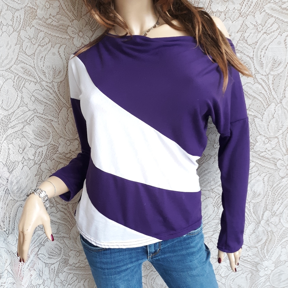 Purple White Off Shoulder Color Block LS Tee ~ S